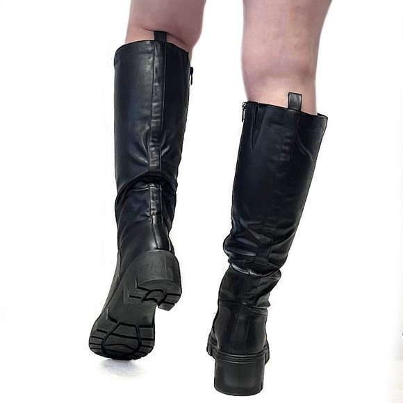 New Black Round Toe Chunky Heel Knee High Riding Boots - Picture 5 of 5
